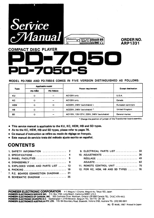 Pioneer PD-7050 & PD-7050-S CD Player Service Manual (Pages: 69)