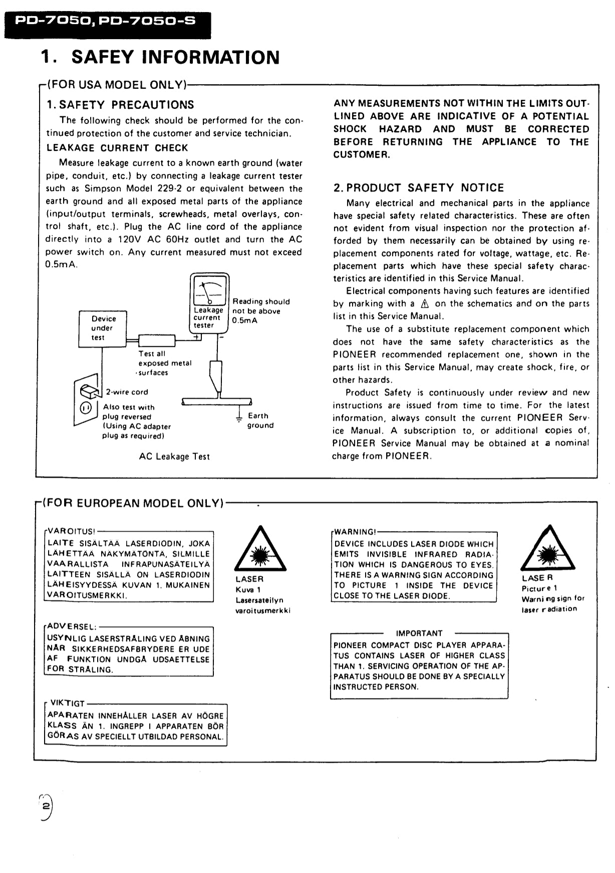 Pioneer PD-7050 & PD-7050-S CD Player Service Manual (Pages: 69)