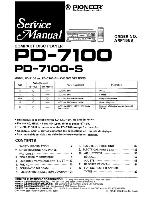 Pioneer PD-7100 & PD-7100-S CD Player Service Manual (Pages: 77)