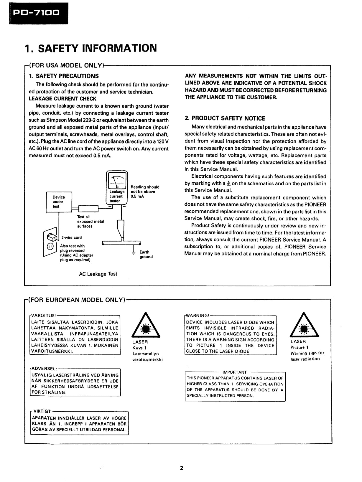 Pioneer PD-7100 & PD-7100-S CD Player Service Manual (Pages: 77)