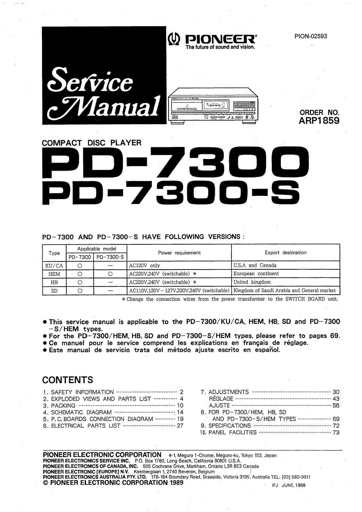 Pioneer PD-7300 & PD-7300-S CD Player Service Manual (Pages: 68)