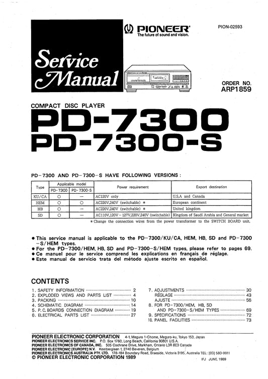 Pioneer PD-7300 & PD-7300-S CD Player Service Manual (Pages: 68)