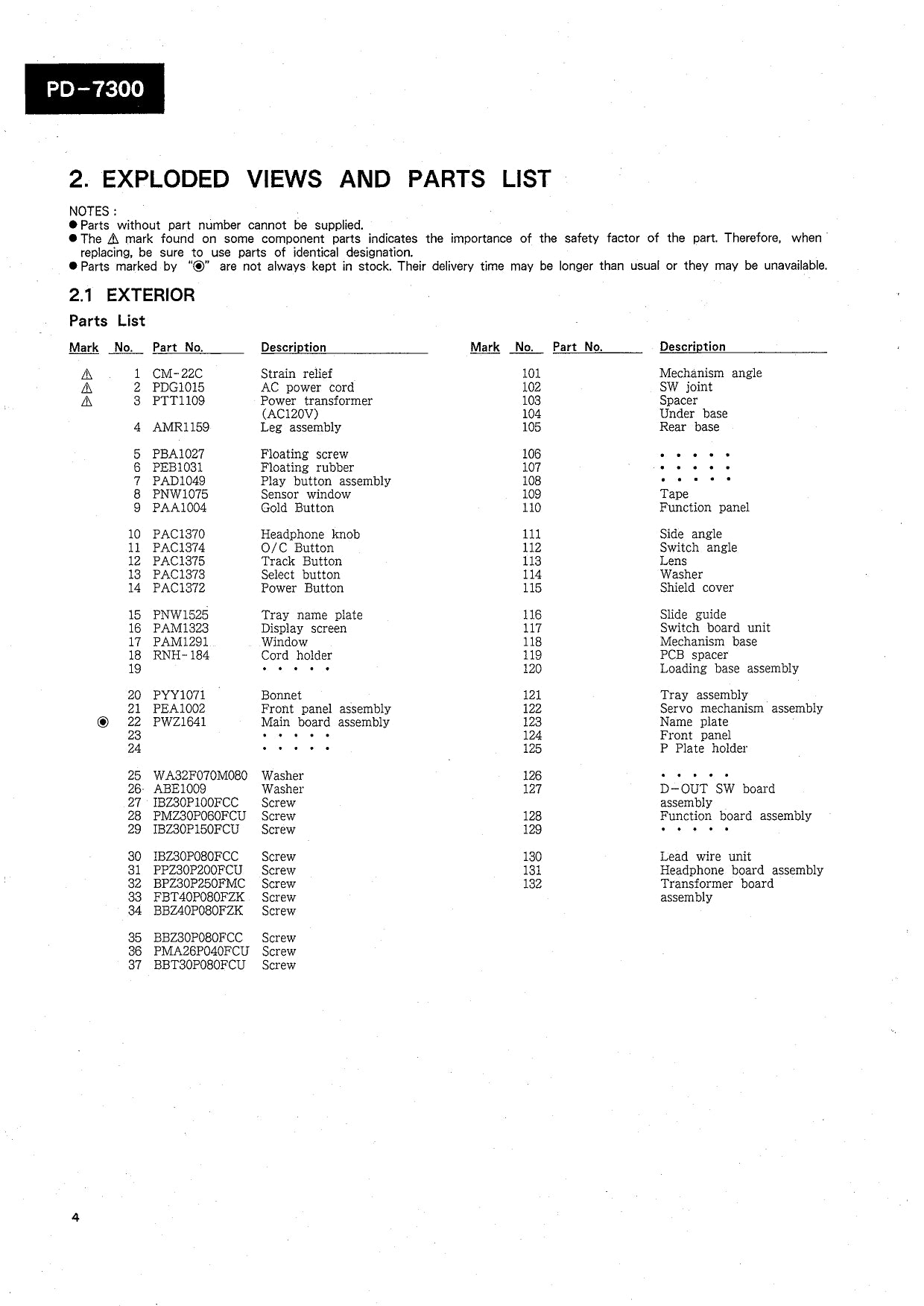 Pioneer PD-7300 & PD-7300-S CD Player Service Manual (Pages: 68)