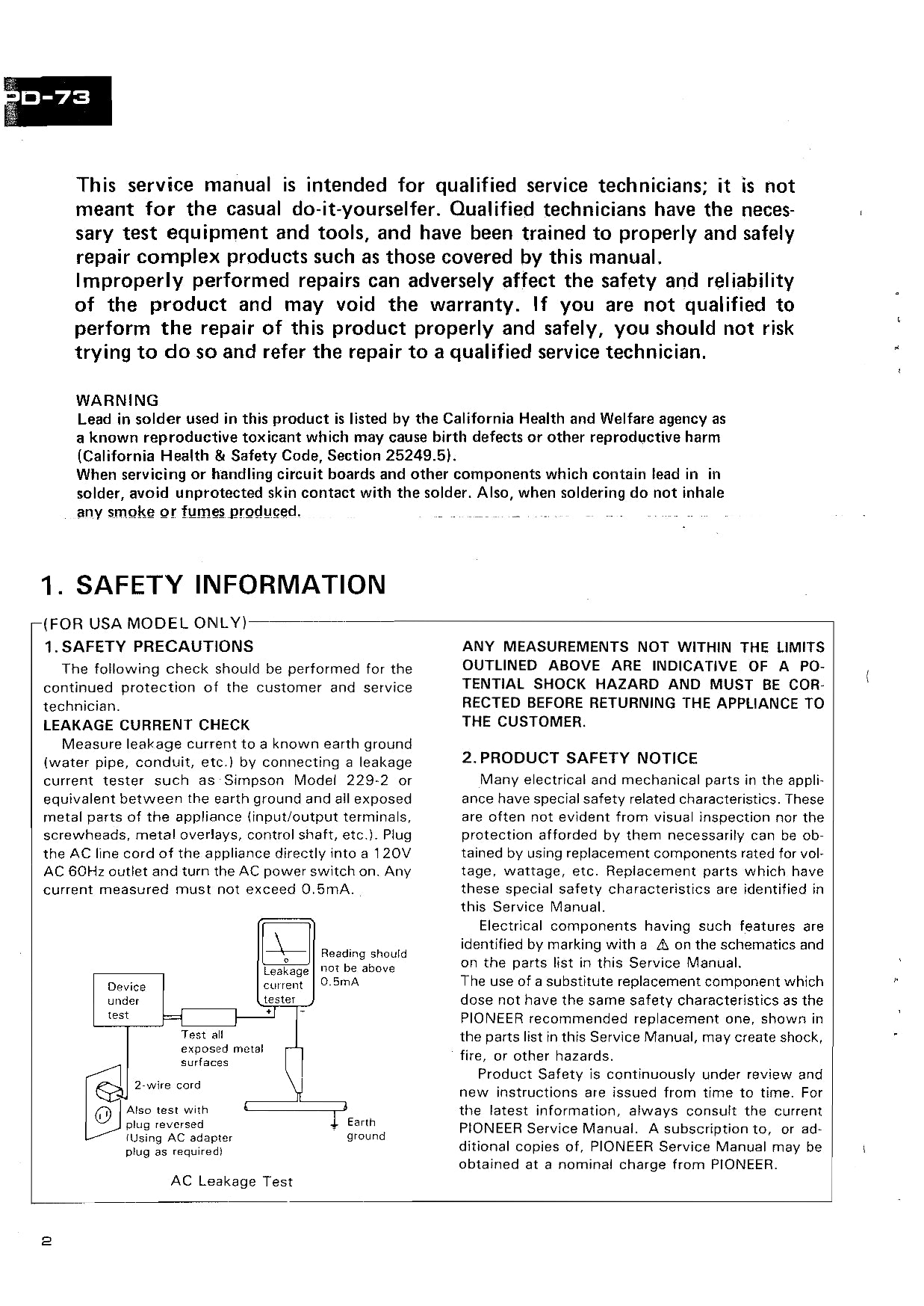 Pioneer PD-73 CD Player Service Manual (Pages: 71)