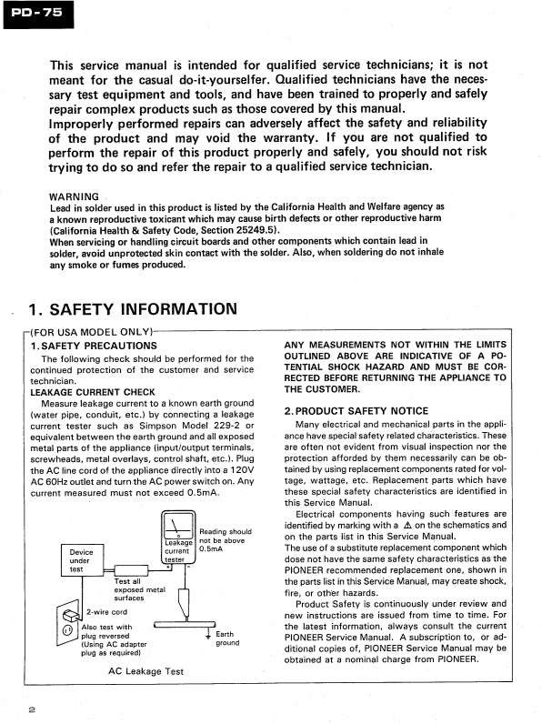 Pioneer PD-75 CD Player Service Manual (Pages: 79)