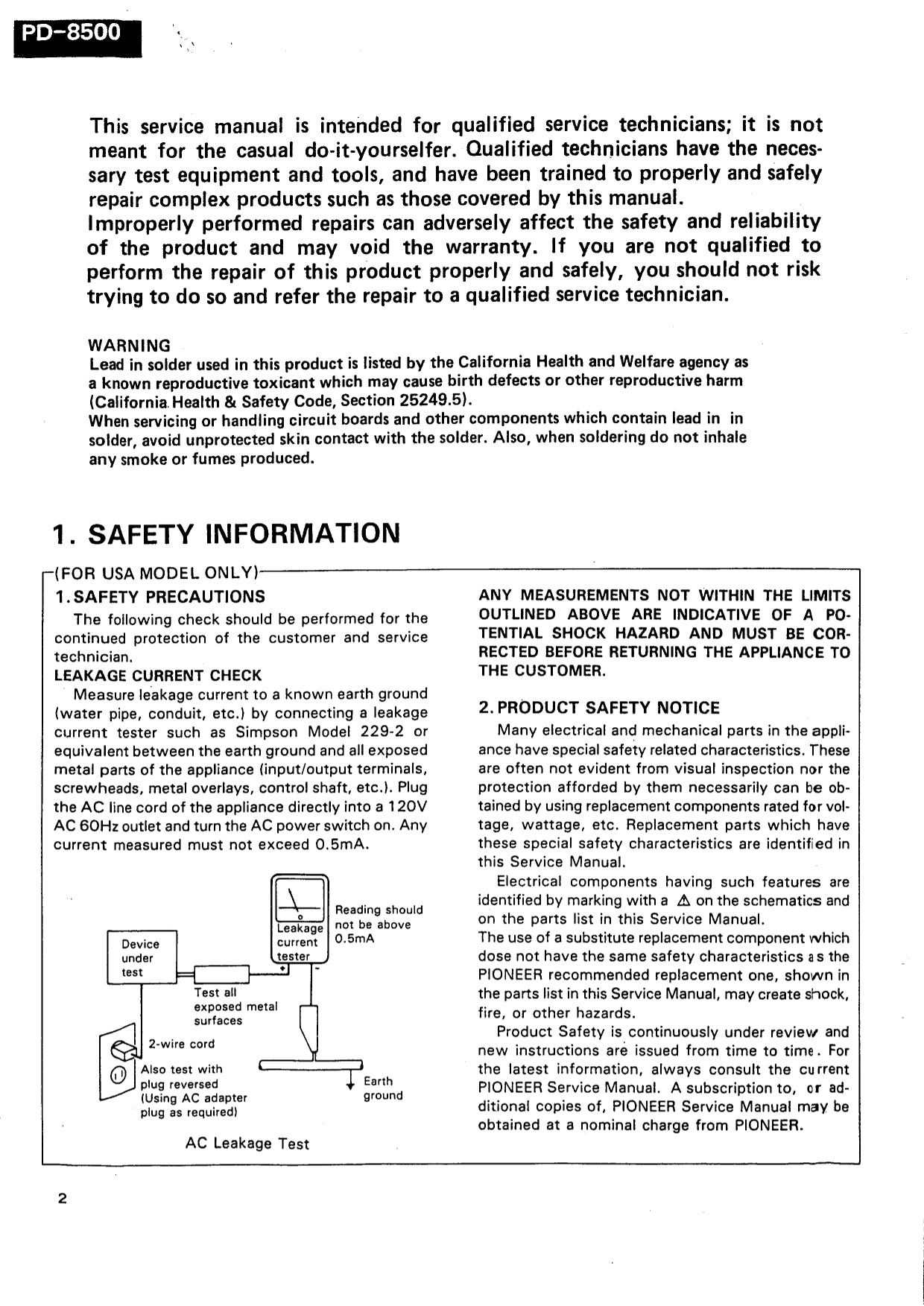 Pioneer PD-8500 CD Player Service Manual (Pages: 65)
