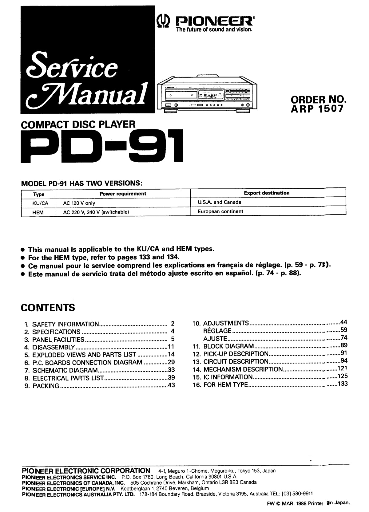 Pioneer PD-91 CD Player Service Manual (Pages: 116)