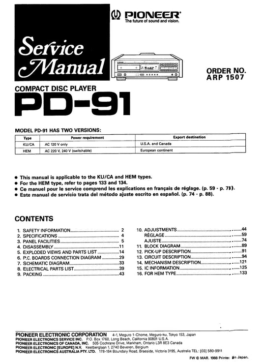 Pioneer PD-91 CD Player Service Manual (Pages: 116)