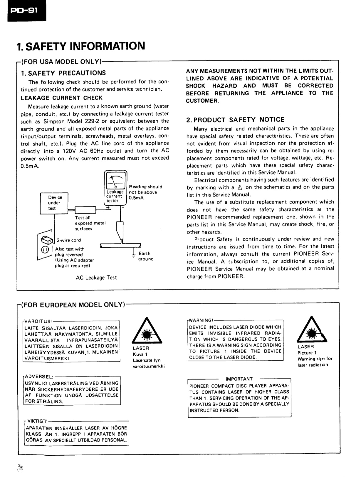 Pioneer PD-91 CD Player Service Manual (Pages: 116)