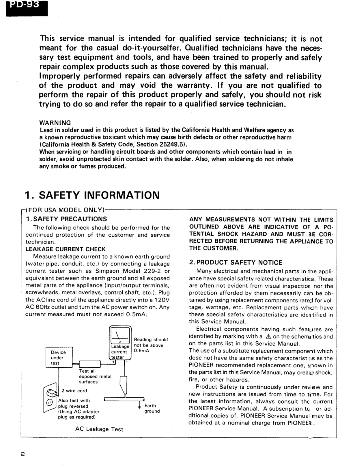 Pioneer PD-93 CD Player Service Manual (Pages: 52)