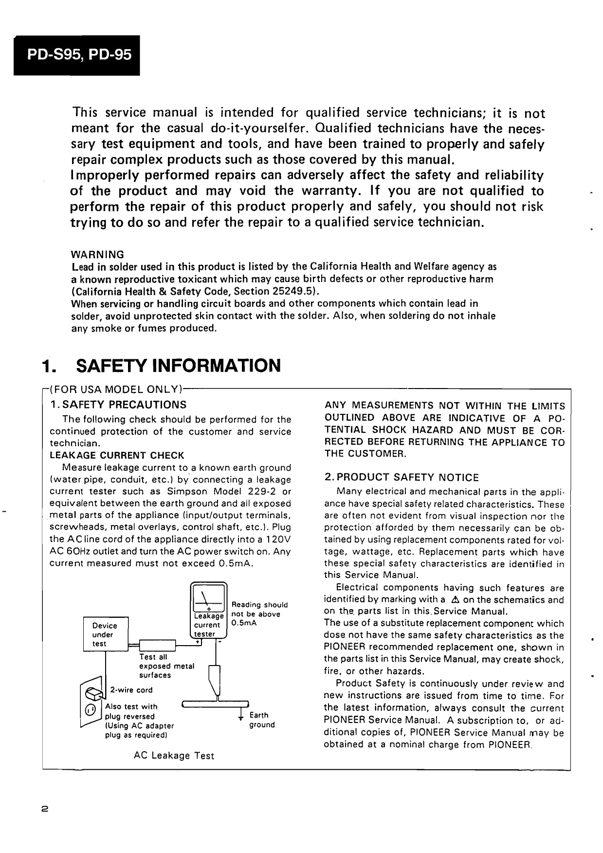 Pioneer PD-95 & PD-S95 CD Player Service Manual (Pages: 72)