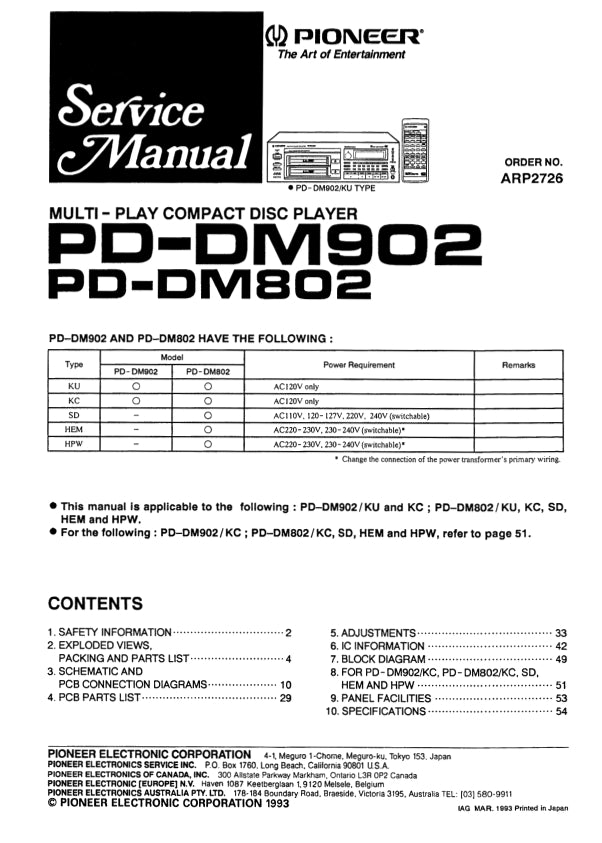 Pioneer PD-DM802 & PD-DM902 CD Player Service Manual (Pages: 46)