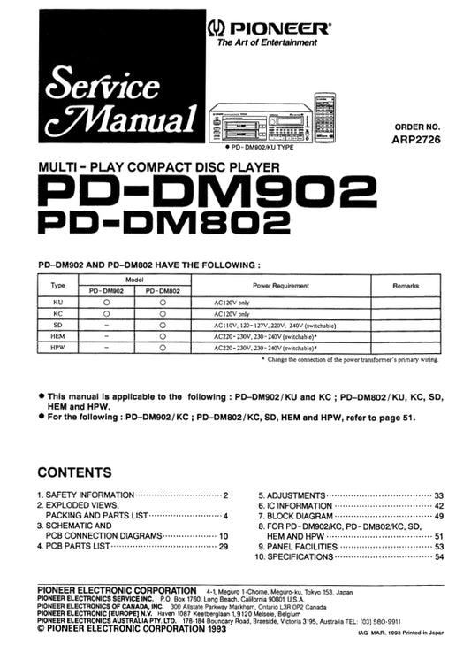 Pioneer PD-DM802 & PD-DM902 CD Player Service Manual (Pages: 46)