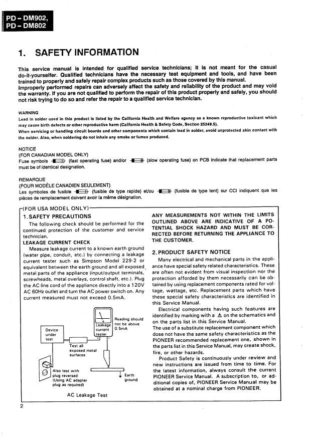 Pioneer PD-DM802 & PD-DM902 CD Player Service Manual (Pages: 46)