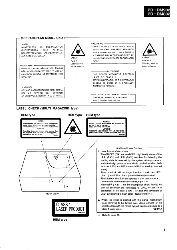 Pioneer PD-DM802 & PD-DM902 CD Player Service Manual (Pages: 46)