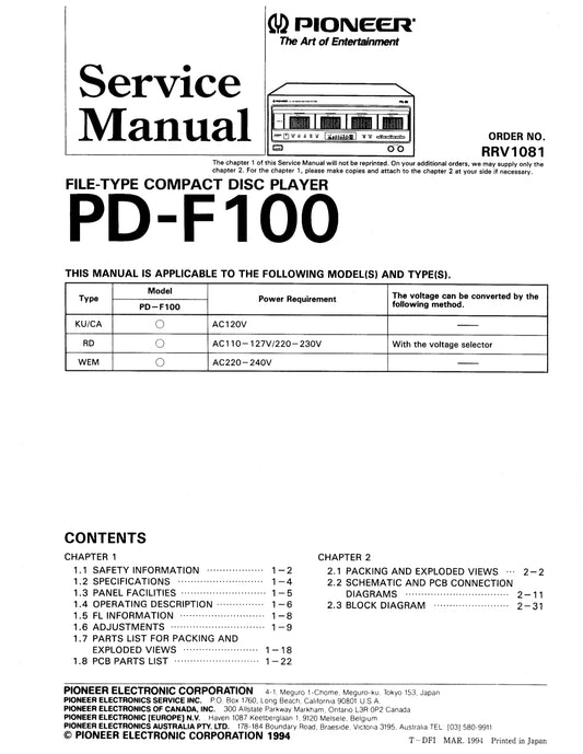 Pioneer PD-F100 CD Player Service Manual (Pages: 55)