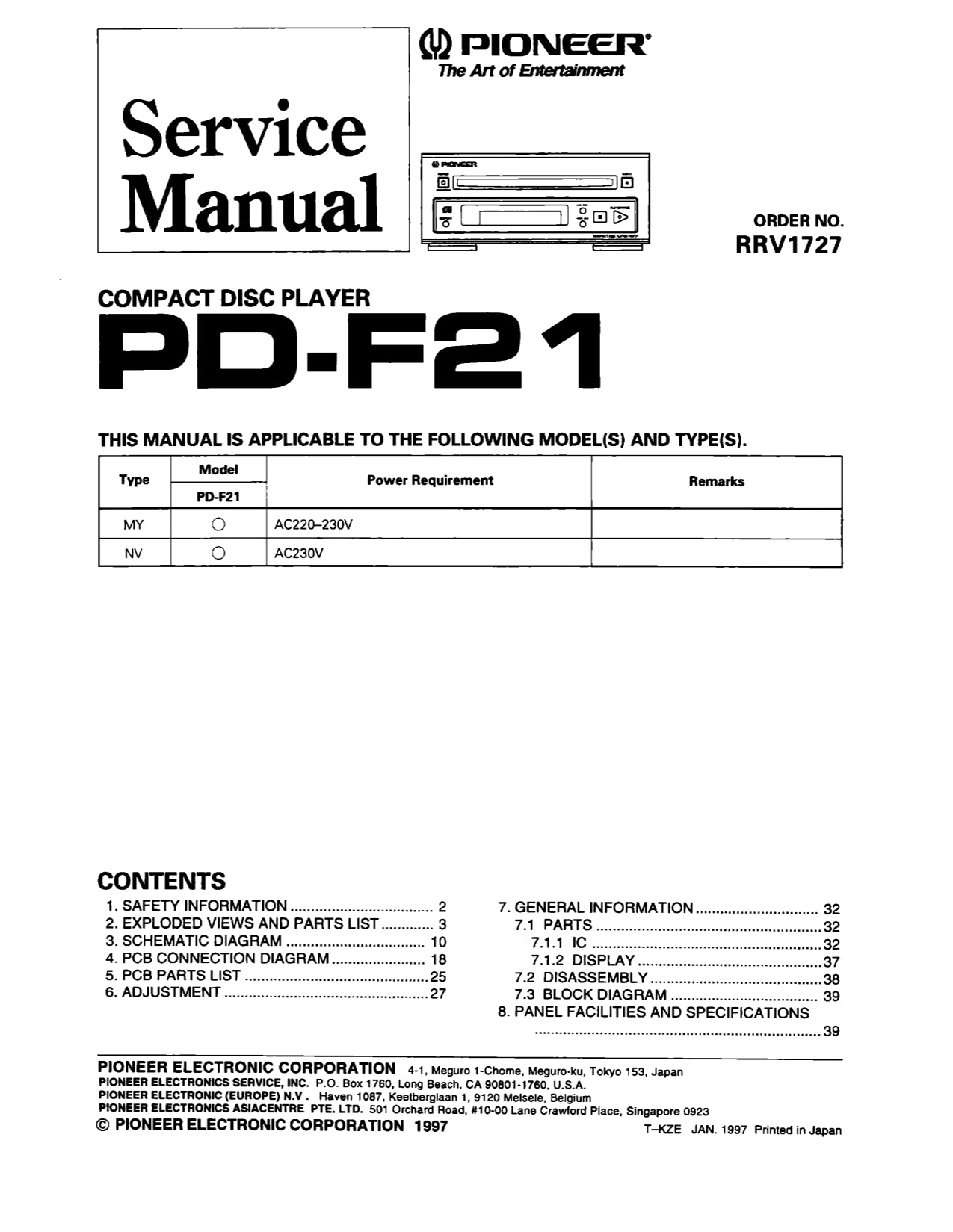 Pioneer PD-F21 CD Player Service Manual (Pages: 40)