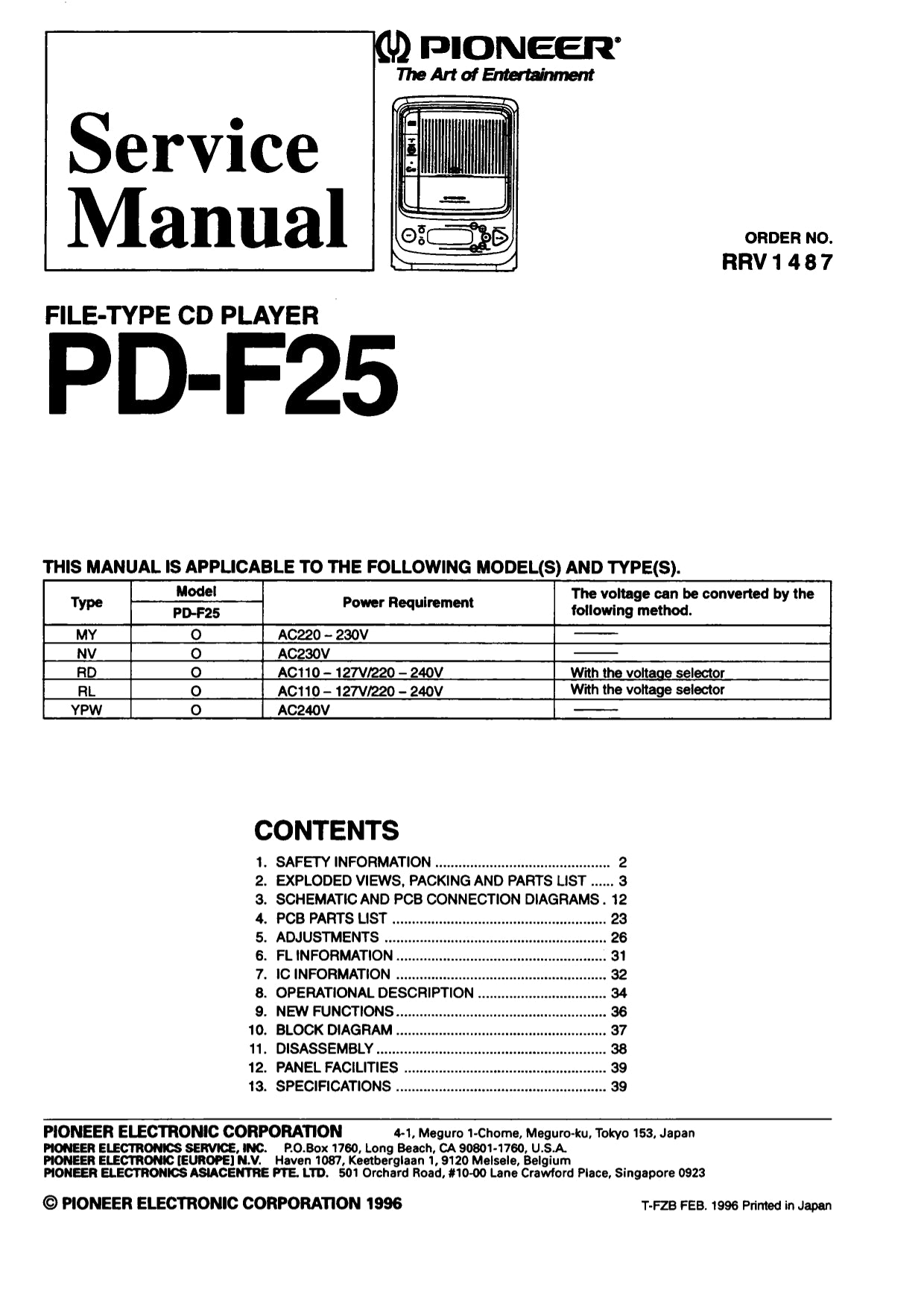Pioneer PD-F25 CD Player Service Manual (Pages: 38)