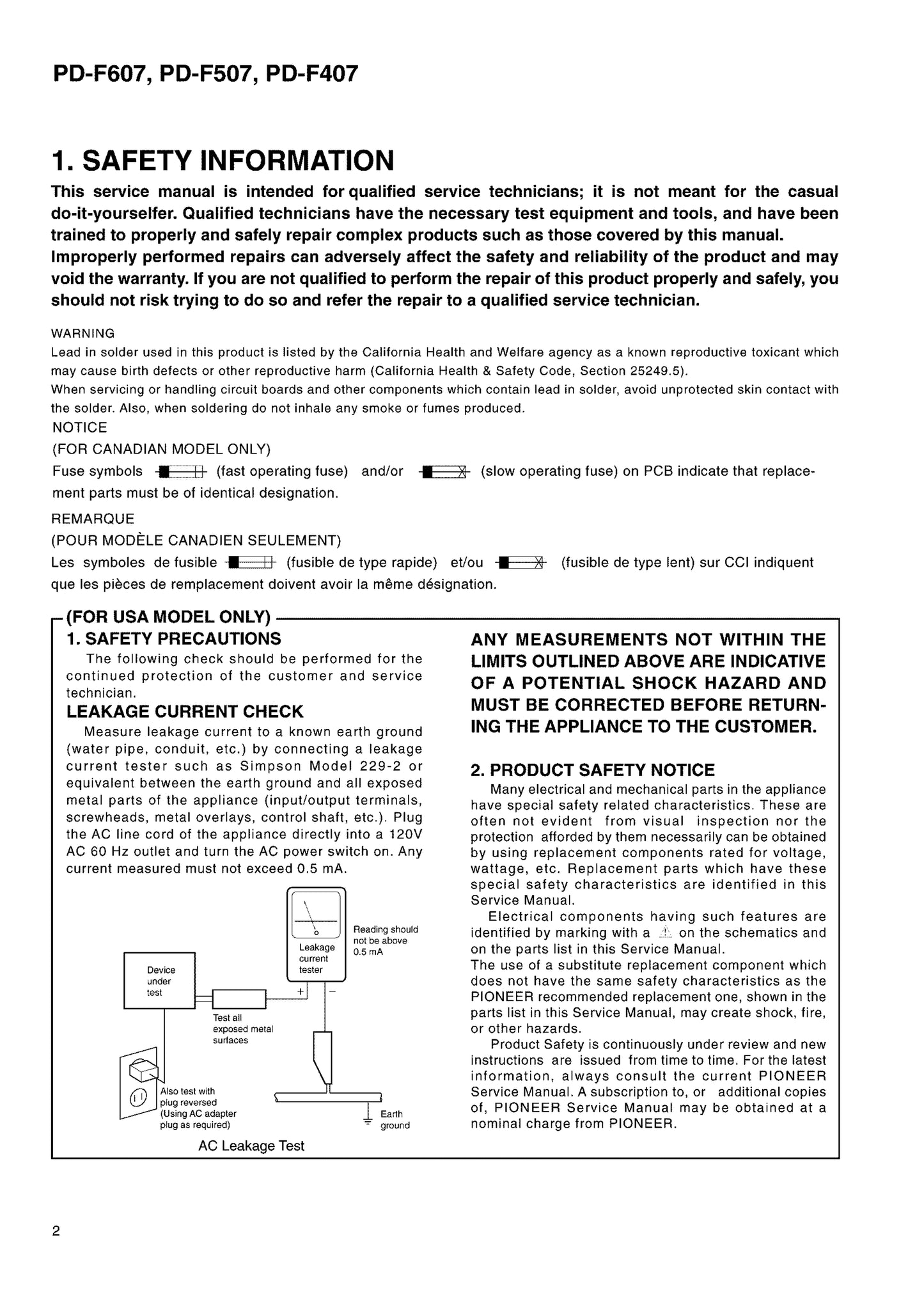 Pioneer PD-F407, PD-F507 & PD-F607 CD Player Service Manual (Pages: 35)
