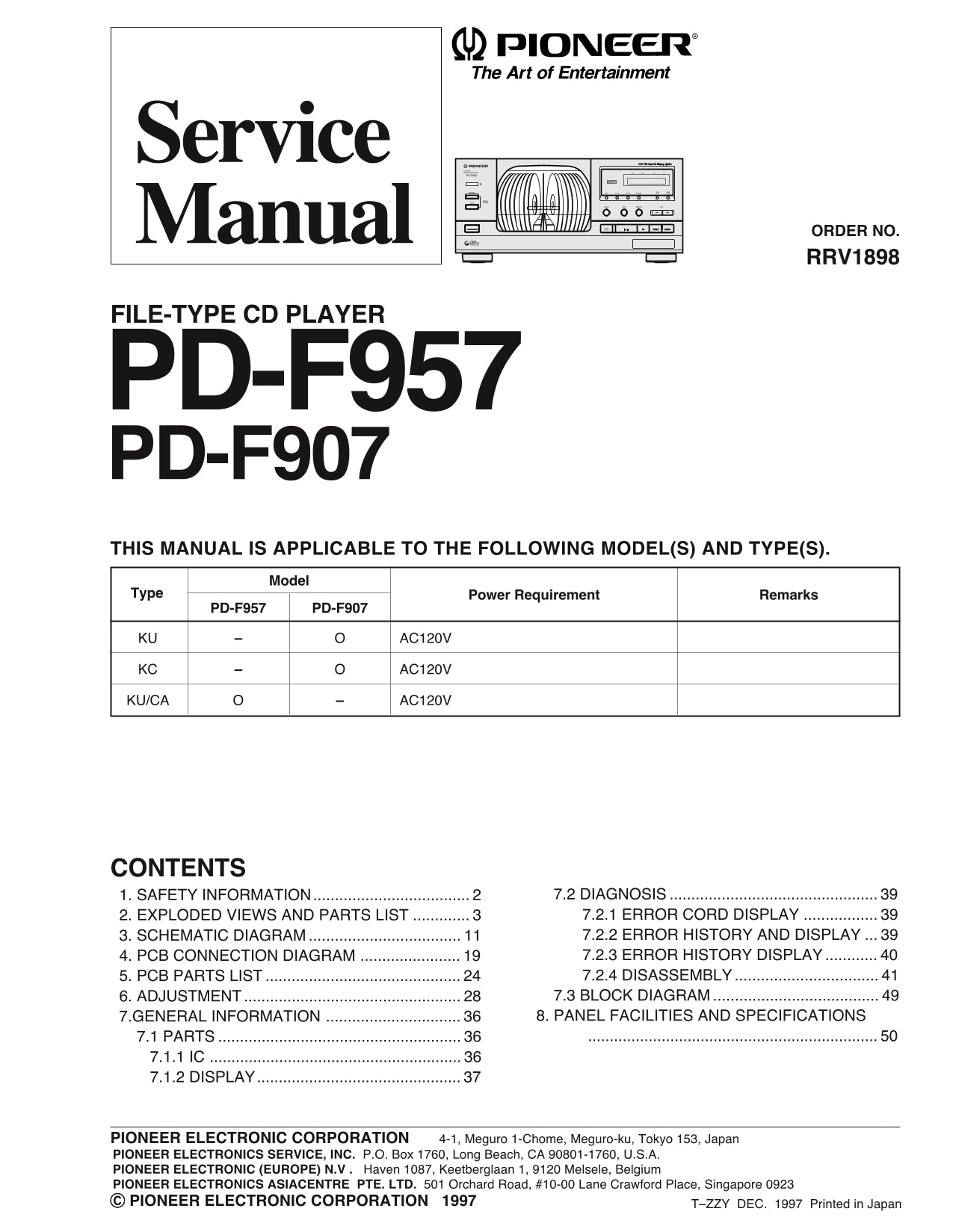 Pioneer PD-F907 & PD-F957 CD Player Service Manual (Pages: 54)