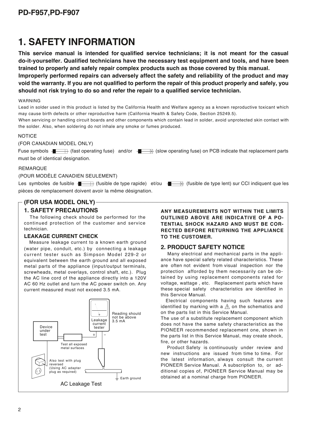 Pioneer PD-F907 & PD-F957 CD Player Service Manual (Pages: 54)