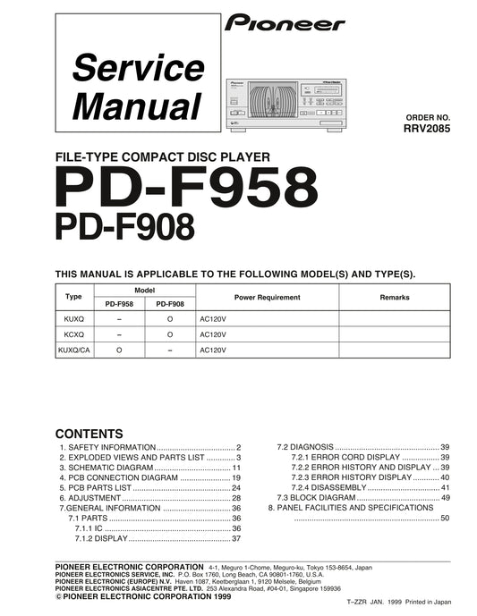 Pioneer PD-F908 & PD-F958 CD Player Service Manual (Pages: 51)