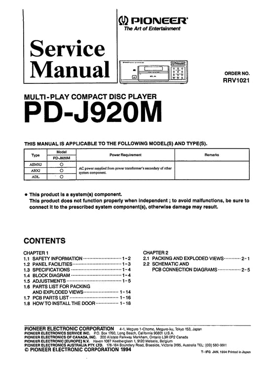 Pioneer PD-J920M CD Player Service Manual (Pages: 24)