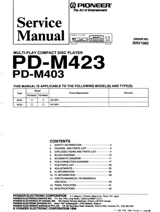 Pioneer PD-M403 & PD-M423 CD Player Service Manual (Pages: 32)