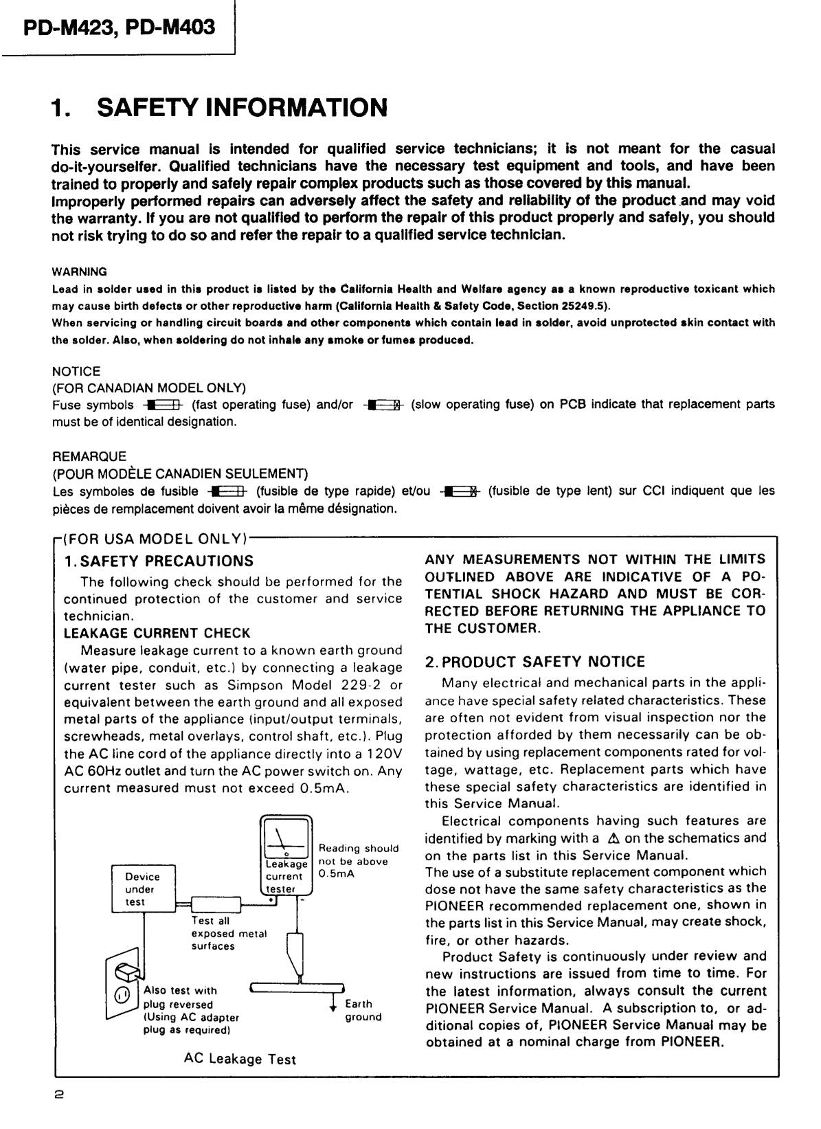 Pioneer PD-M403 & PD-M423 CD Player Service Manual (Pages: 32)