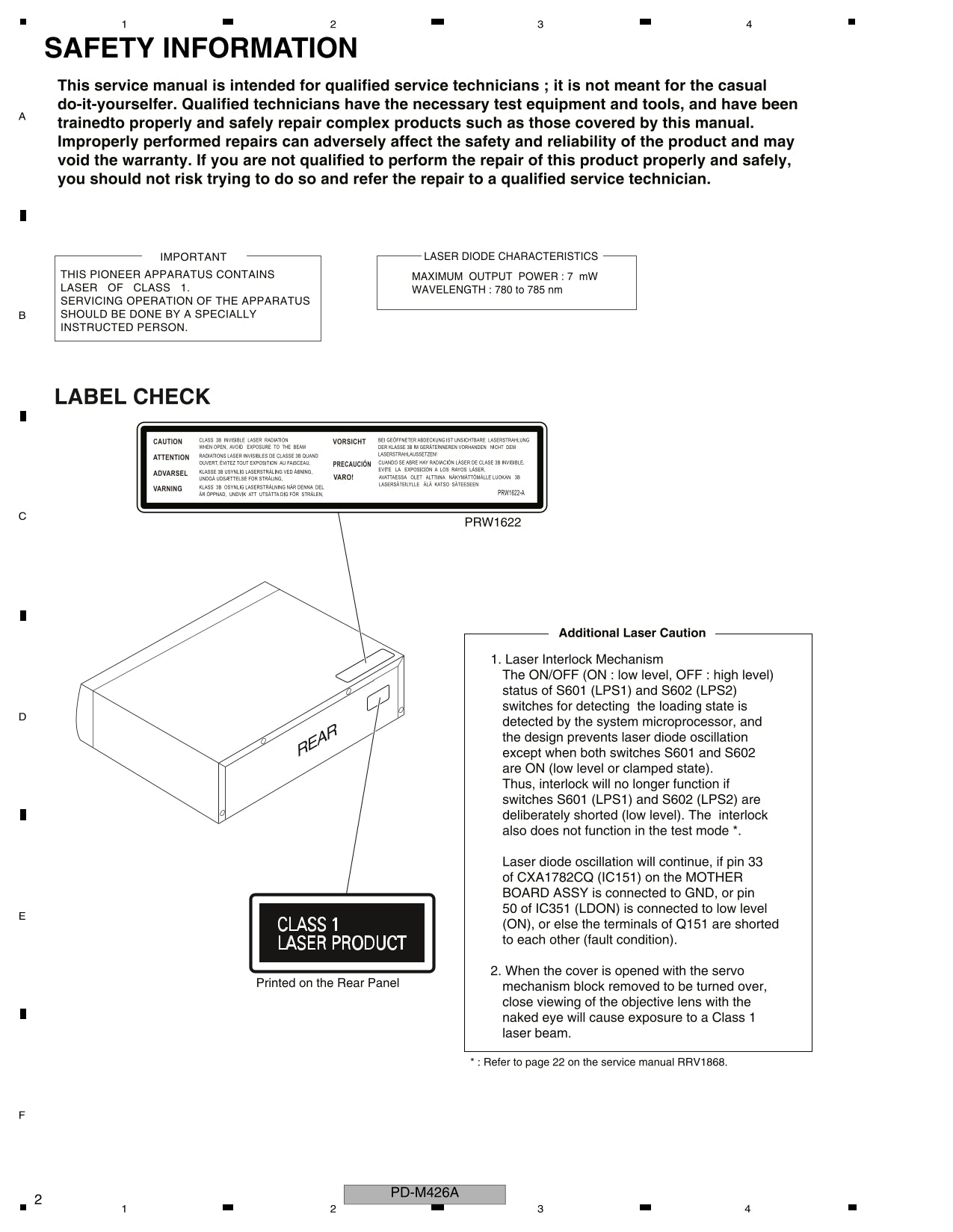 Pioneer PD-M406A & PD-M426A CD Player Service Manual (Pages: 15)