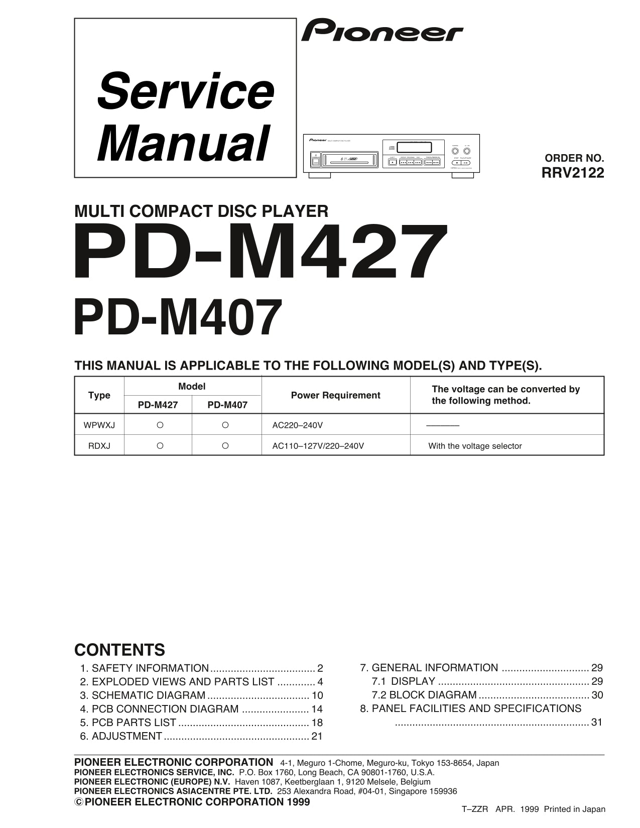 Pioneer PD-M407 & PD-M427 CD Player Service Manual (Pages: 32)