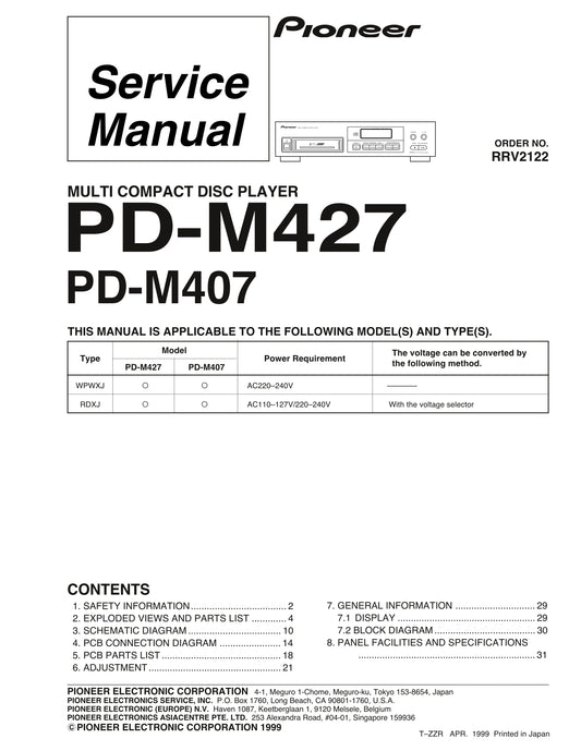 Pioneer PD-M407 & PD-M427 CD Player Service Manual (Pages: 32)