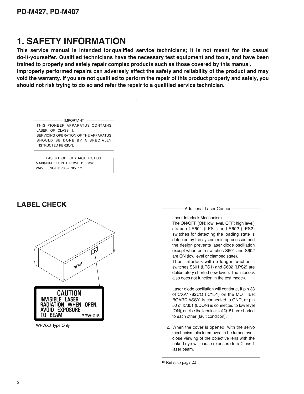 Pioneer PD-M407 & PD-M427 CD Player Service Manual (Pages: 32)