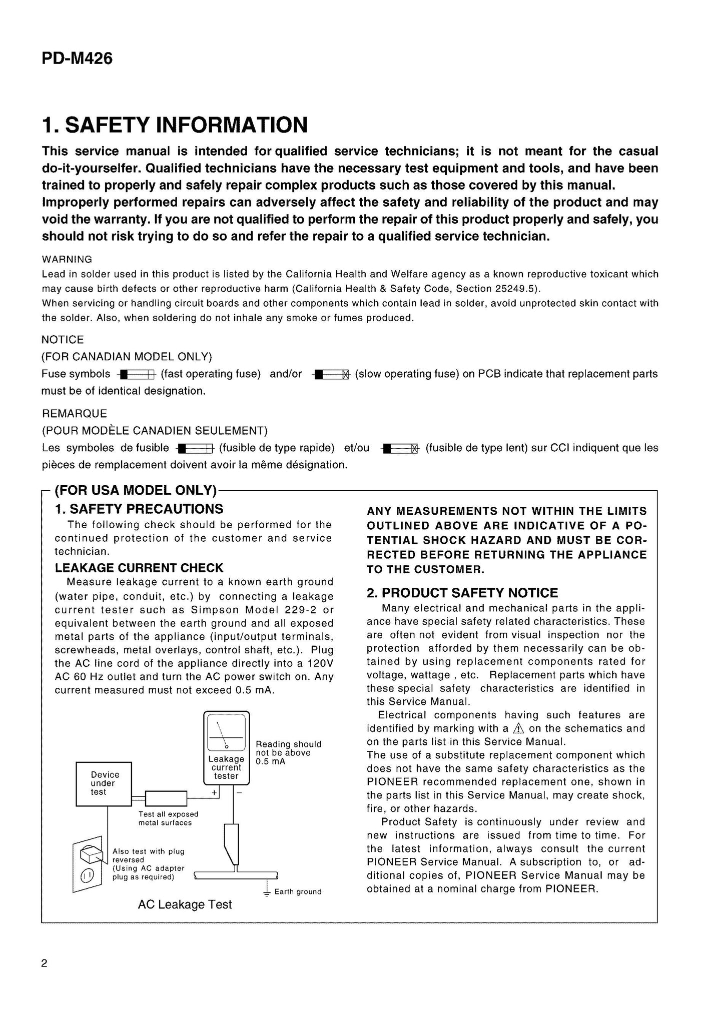 Pioneer PD-M426 CD Player Service Manual (Pages: 32)