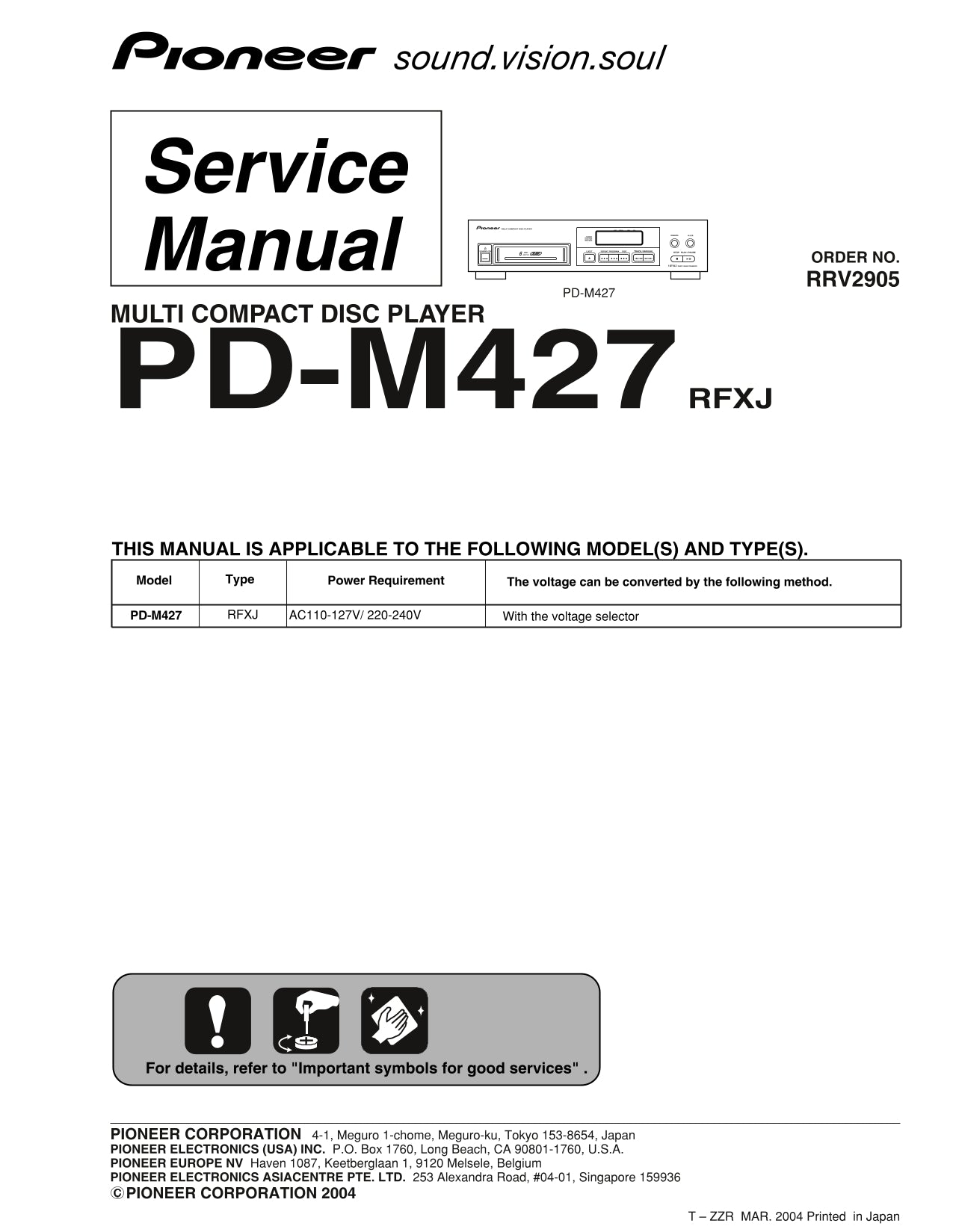 Pioneer PD-M427 CD Player Service Manual (Pages: 32)