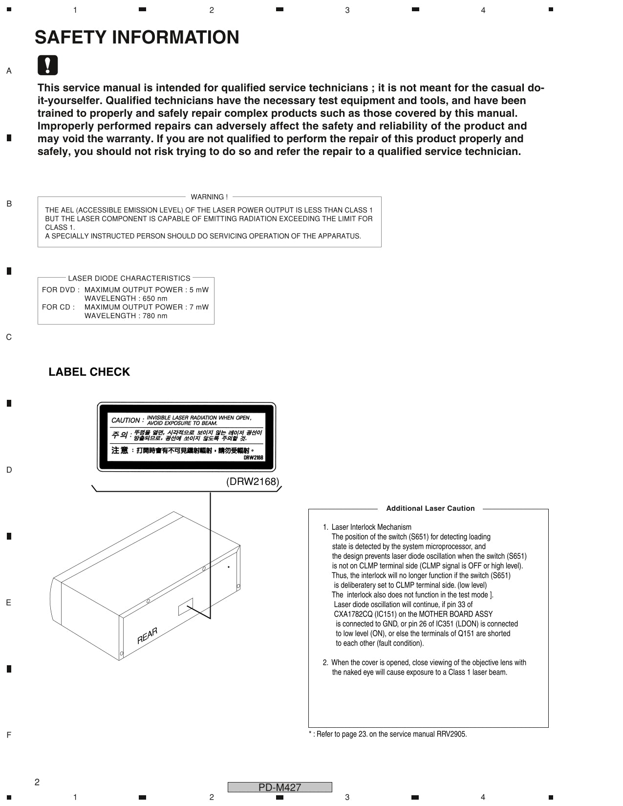 Pioneer PD-M427 CD Player Service Manual (Pages: 32)