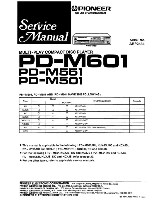 Pioneer PD-M501, PD-M551 & PD-M601 CD Player Service Manual (Pages: 34)