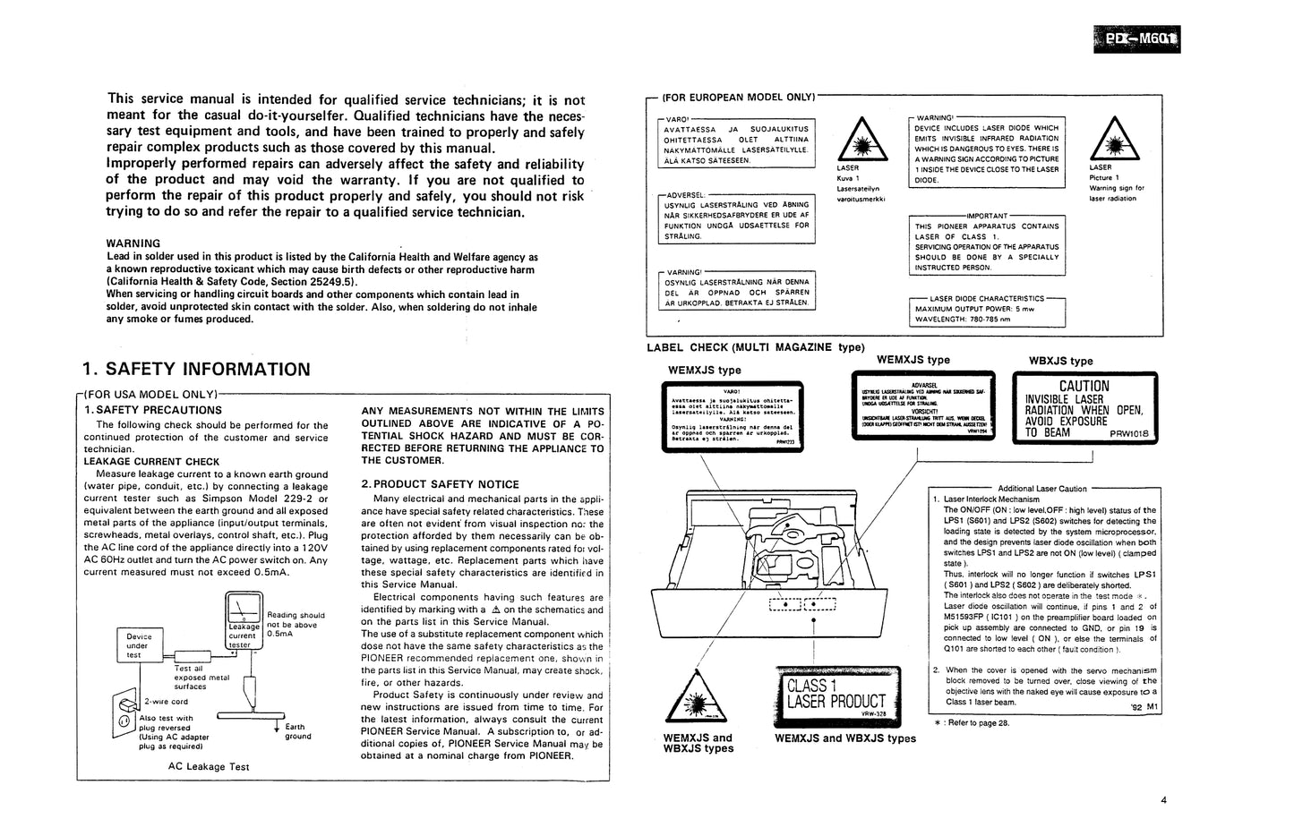 Pioneer PD-M501, PD-M551 & PD-M601 CD Player Service Manual (Pages: 34)