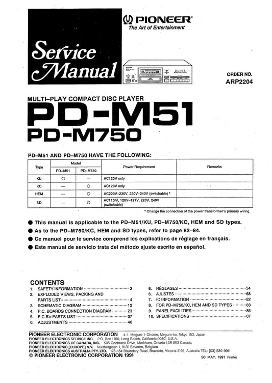 Pioneer PD-M51 & PD-M750 CD Player Service Manual (Pages: 82)
