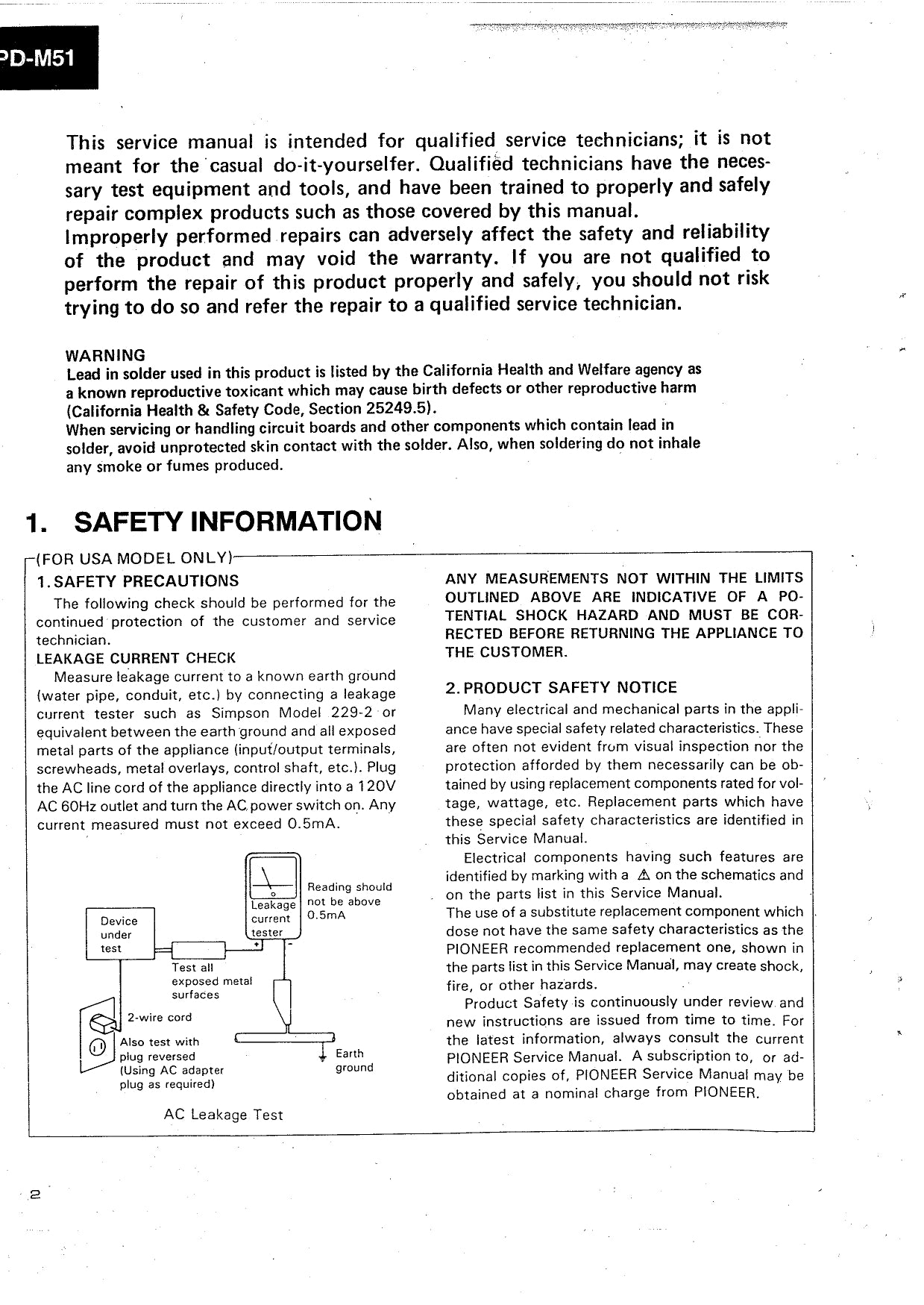 Pioneer PD-M51 & PD-M750 CD Player Service Manual (Pages: 82)