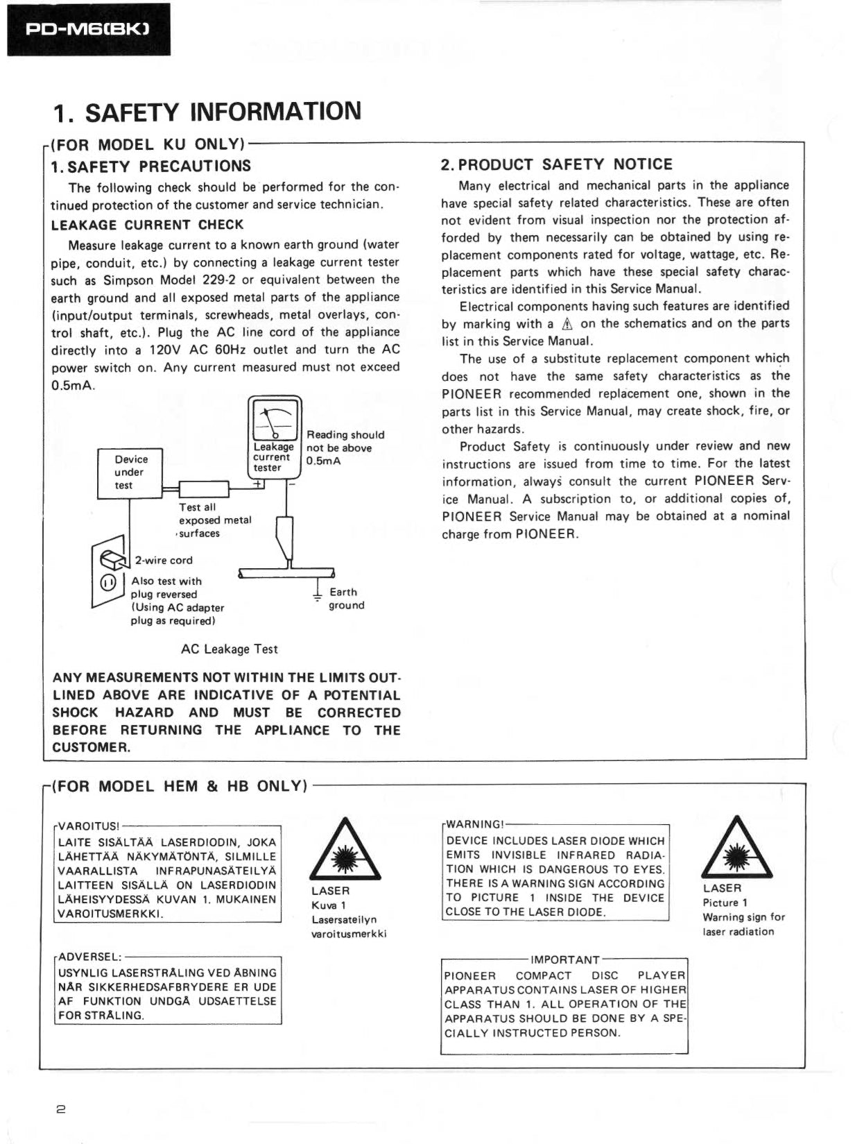 Pioneer PD-M6 CD Player Service Manual (Pages: 118)