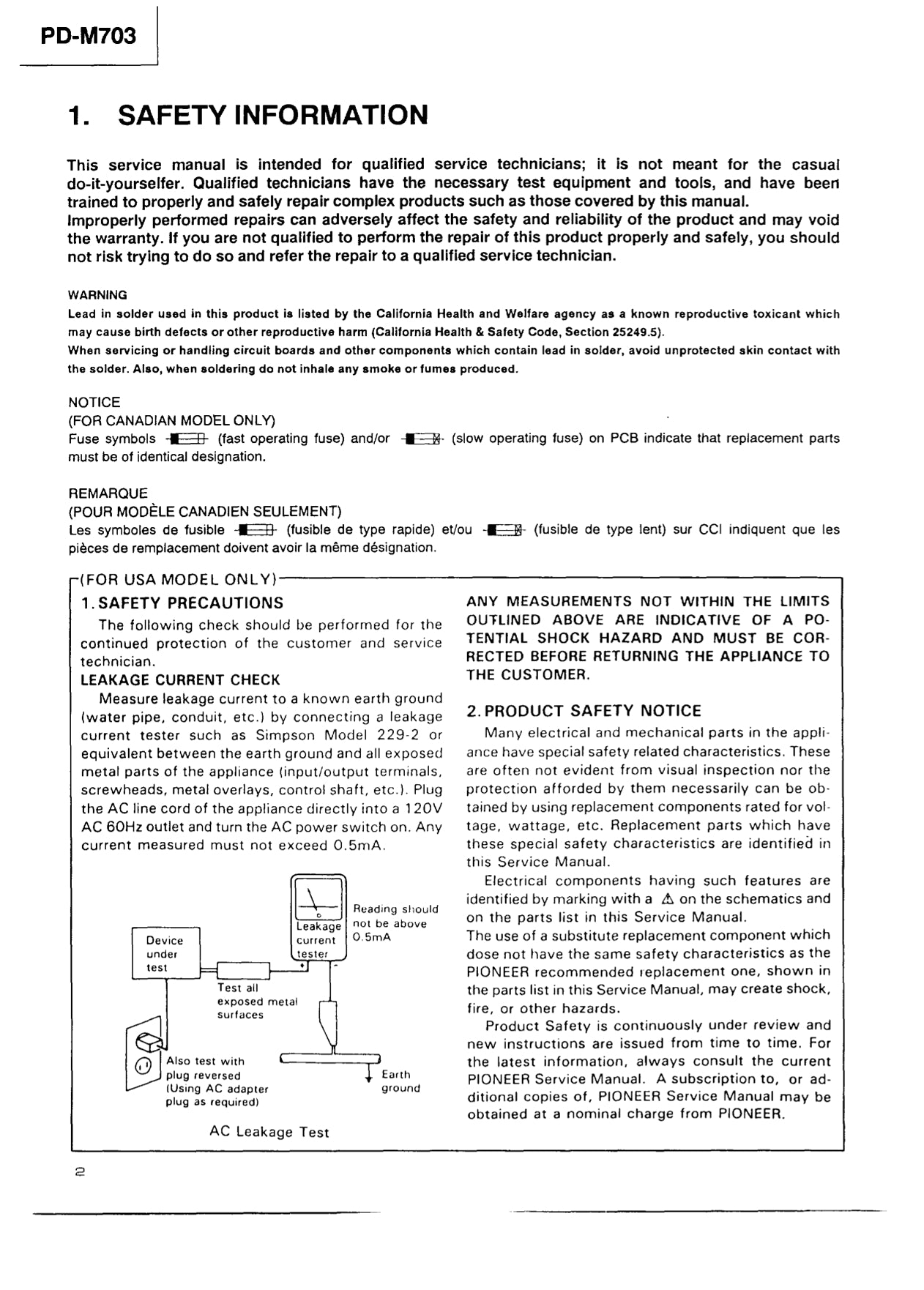 Pioneer PD-M703 CD Player Service Manual (Pages: 34)