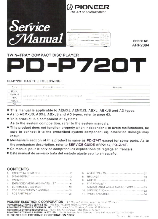 Pioneer PD-P720T CD Player Service Manual (Pages: 56)
