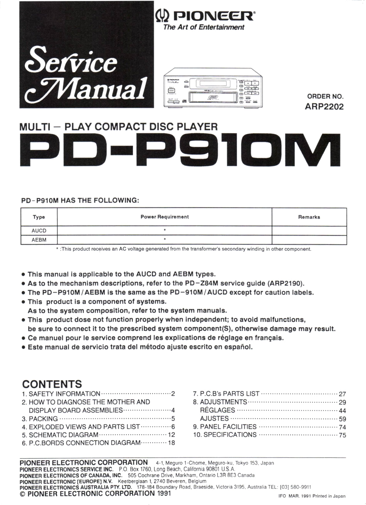 Pioneer PD-P910M CD Player Service Manual (Pages: 64)