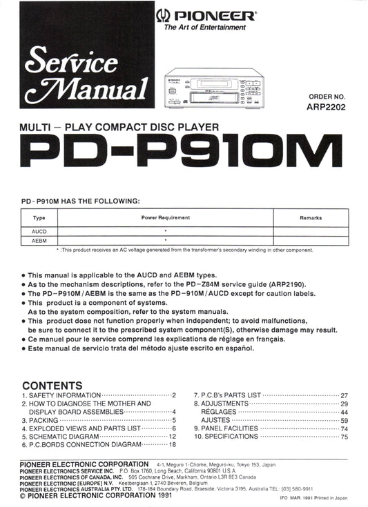 Pioneer PD-P910M CD Player Service Manual (Pages: 64)