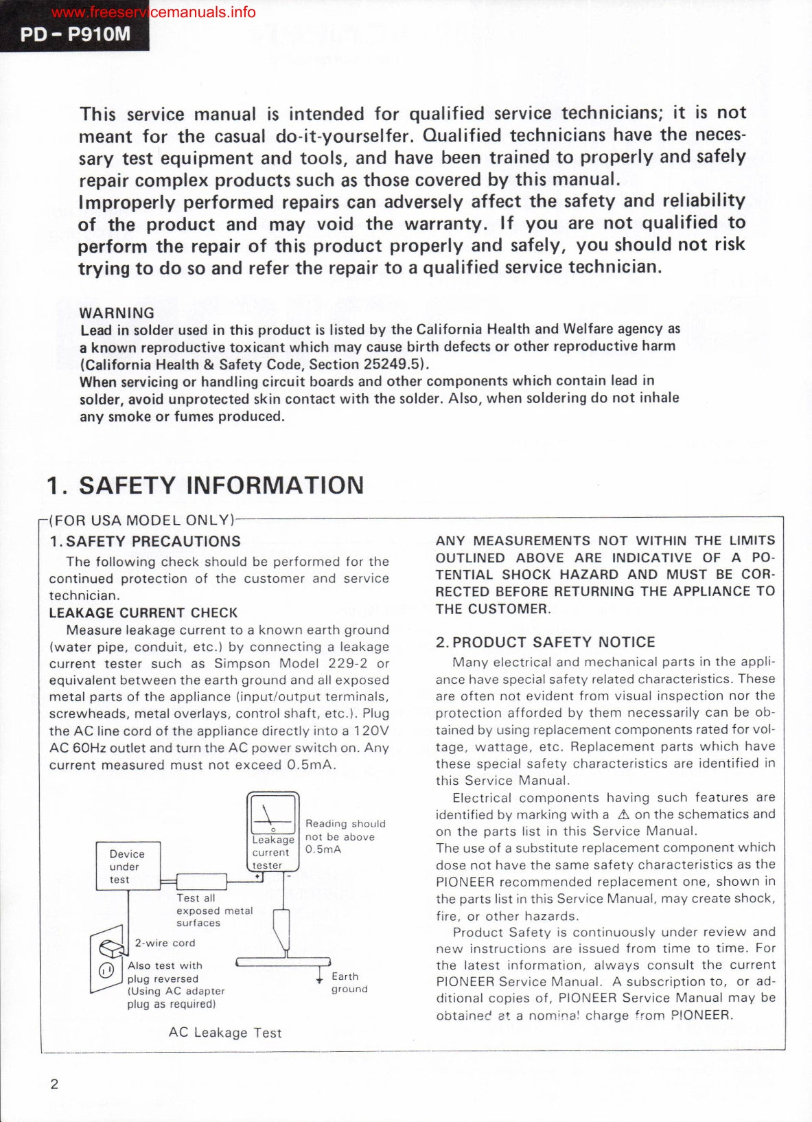 Pioneer PD-P910M CD Player Service Manual (Pages: 64)