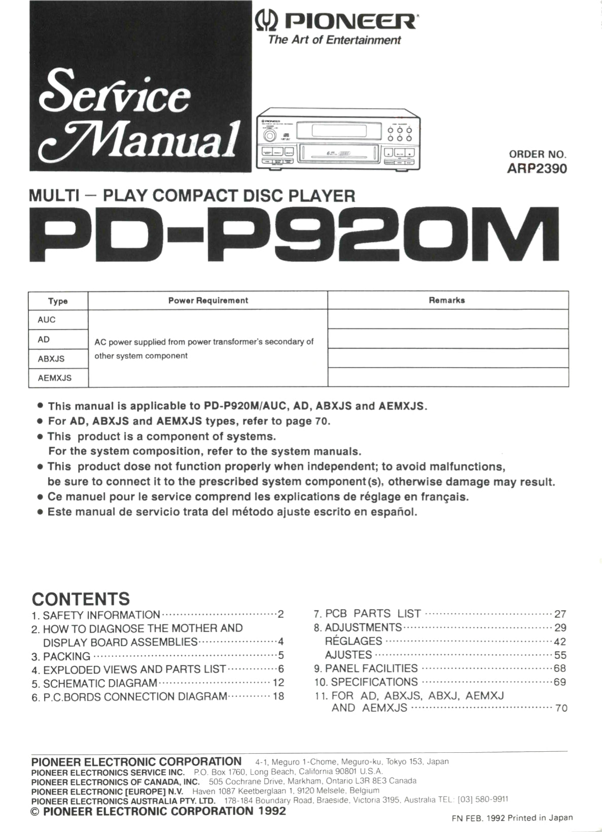Pioneer PD-P920M CD Player Service Manual (Pages: 58)