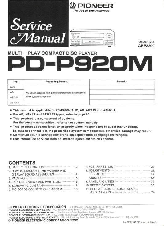 Pioneer PD-P920M CD Player Service Manual (Pages: 58)