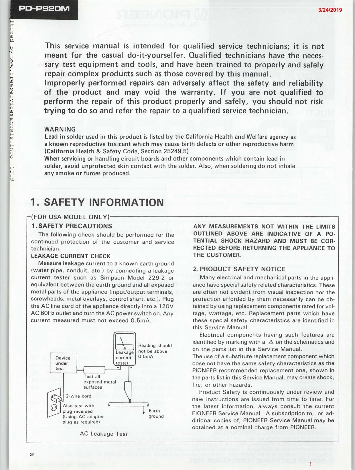 Pioneer PD-P920M CD Player Service Manual (Pages: 58)