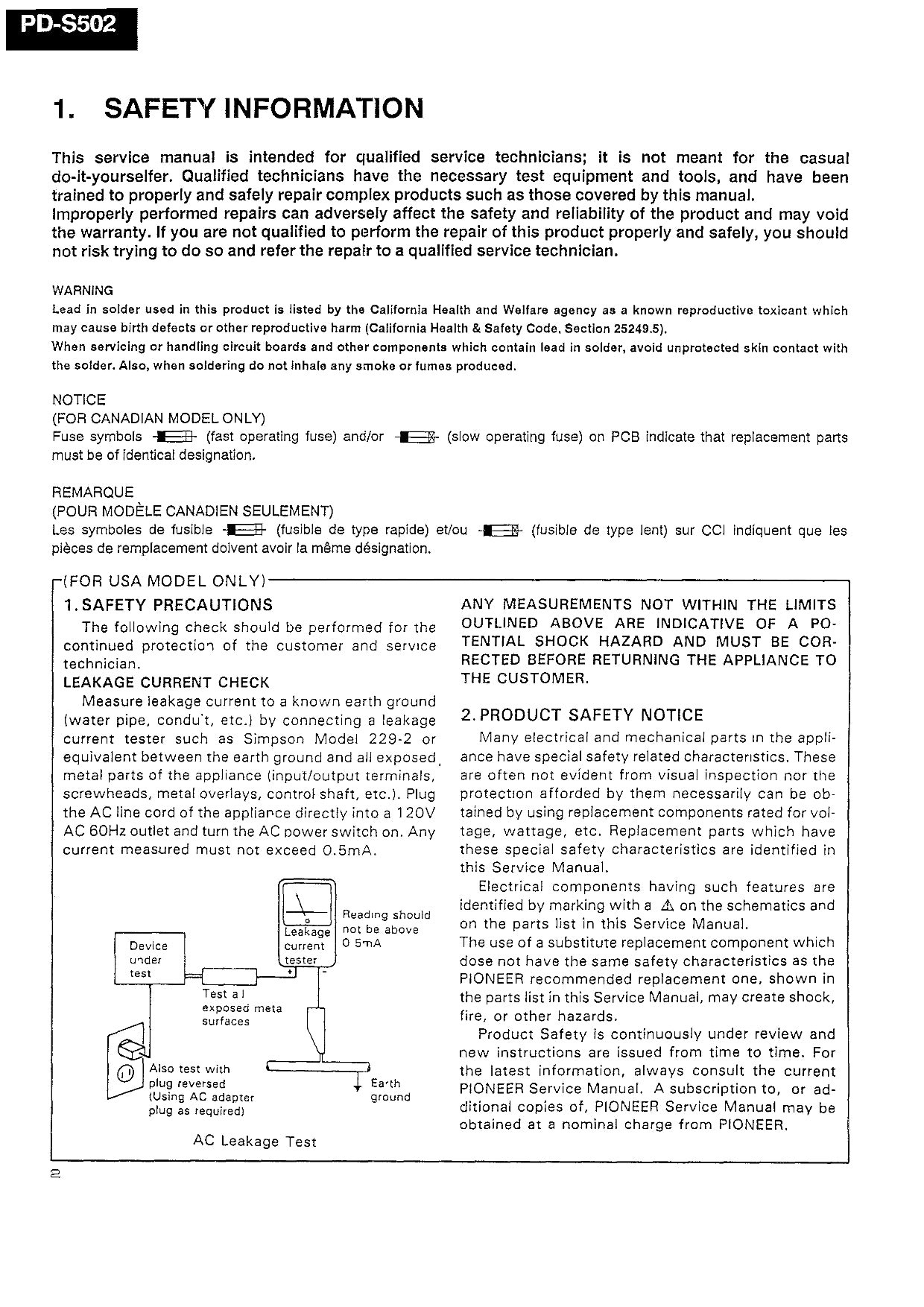 Pioneer PD-S502 CD Player Service Manual (Pages: 26)